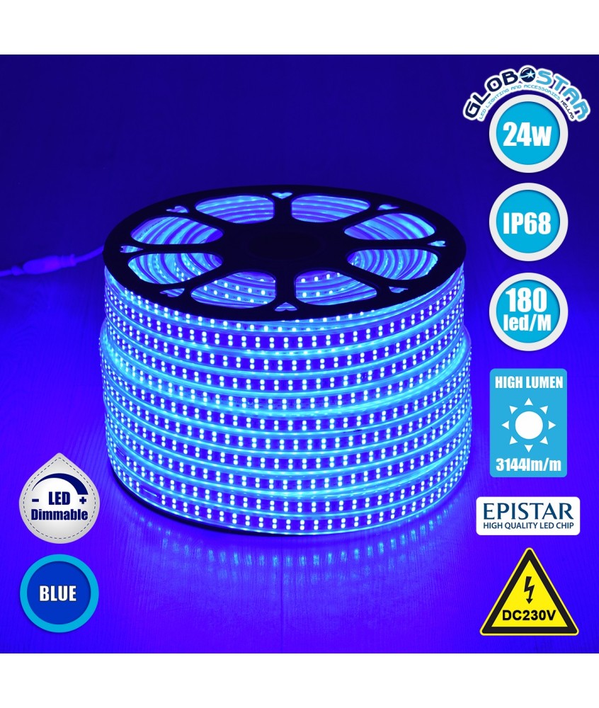 GLOBOSTAR® EPIWIDE 70516 Ταινία LED 24W-m 1560lm-m 120° DC 220-240V Αδιάβροχη IP65 180 x SMD2835 Chip-m Μπλε Dimmable - Epistar SMD Chip - M100 x Π1.6 x Υ0.7cm - 3 Χρόνια Εγγύηση